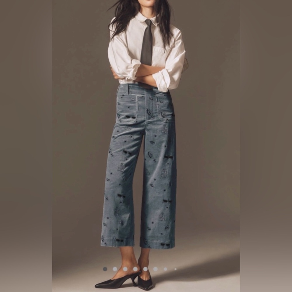 The Colette Crop Wide-Leg Embroidered Corduroy Pants by Maeve - size 28